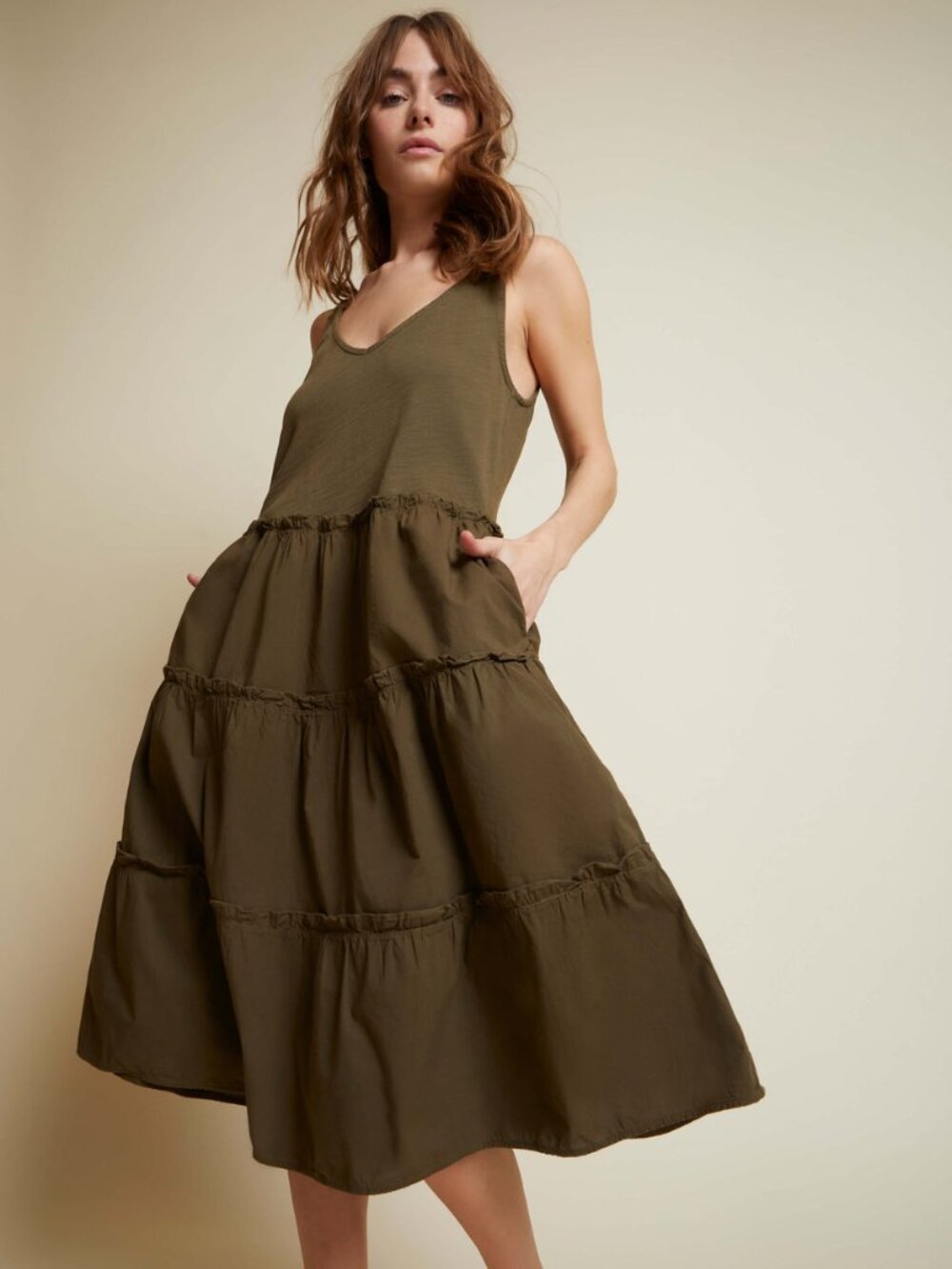 Nation LTD Hannah Tiered Sleeveless Sundress, Seaweed, Large, Peru Cotton Light